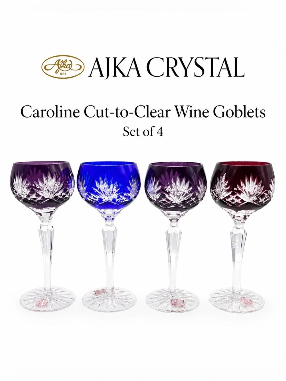 Ajka Crystal Caroline Cut-to-Clear Wine Goblets Set of 4 Vintage Hungary